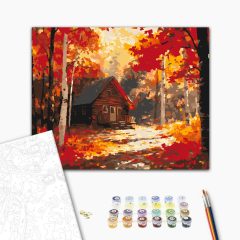 Őszi erdei ház - Számfestő készlet kereten 40x50