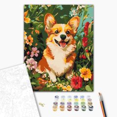   Fröhlicher Corgi zwischen den Blumen - Malen-nach-Zahlen-Set auf Keilrahmen 40x50