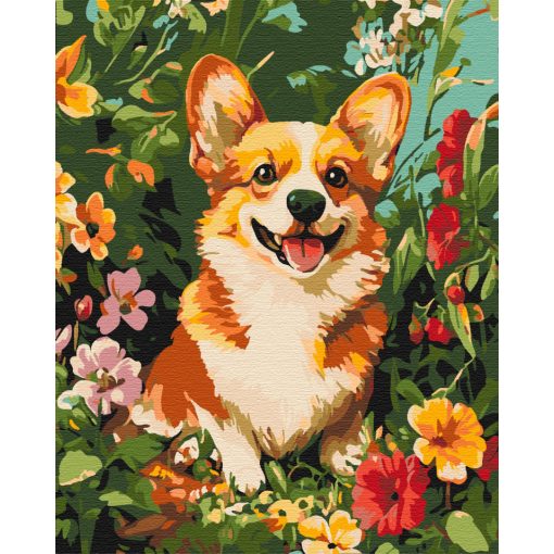 Vidám Corgi a Virágok Között - Számfestő készlet kereten 40x50