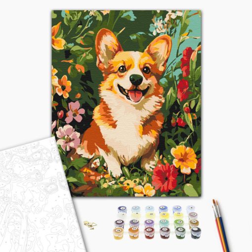 Fröhlicher Corgi zwischen den Blumen - Malen-nach-Zahlen-Set auf Keilrahmen 40x50