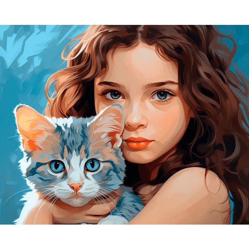 Kislány és cicája - Számfestő készlet kereten 40x50