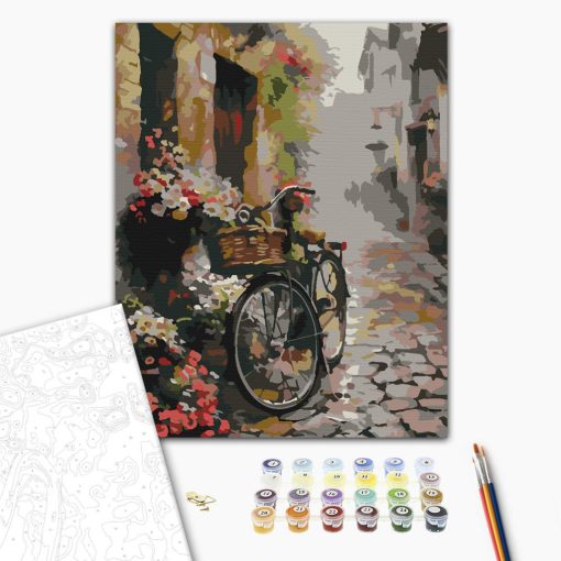 Kerékpár a macskakövön - Számfestő készlet kereten 40x50