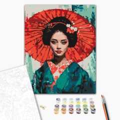   Geisha mit rotem Regenschirm - Malen-nach-Zahlen-Set auf Keilrahmen 40x50