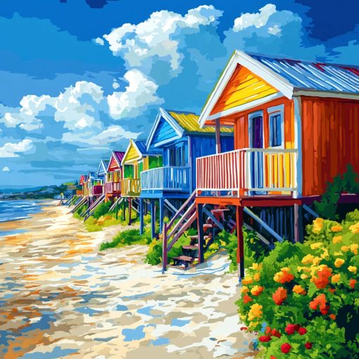 Színes tengerparti kunyhók - Számfestő készlet kereten 40x40