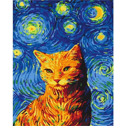 Macska a csillagos éjszakában - Számfestő készlet kereten 40x50