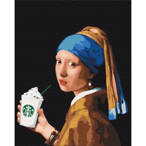 Leány gyöngy fülbevalóval a Starbucksban - Számfestő készlet kereten 40X50