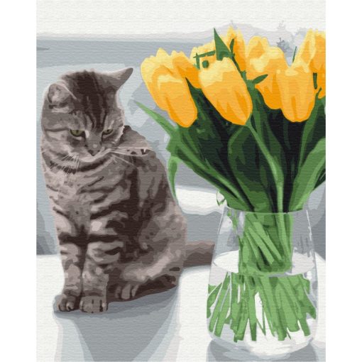 Cica tulipánokkal - Számfestő készlet kereten 40x50_