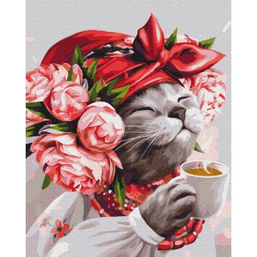 Kávézó cica virágokkal - Számfestő készlet kereten 40x50_