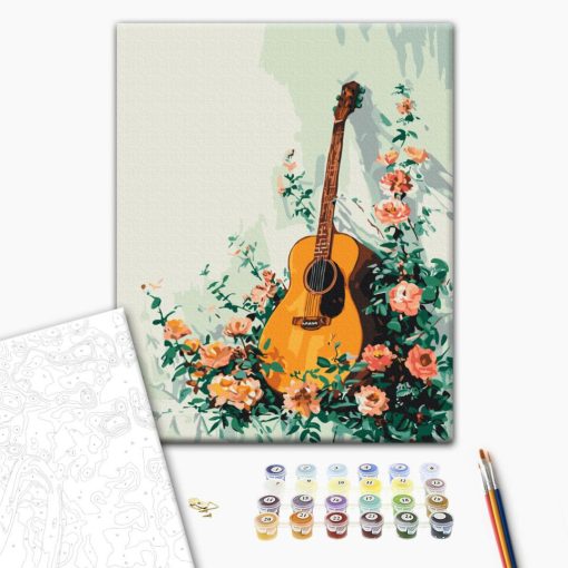 Gitarre zwischen Rosen - Malen-nach-Zahlen-Set auf Keilrahmen 40x50