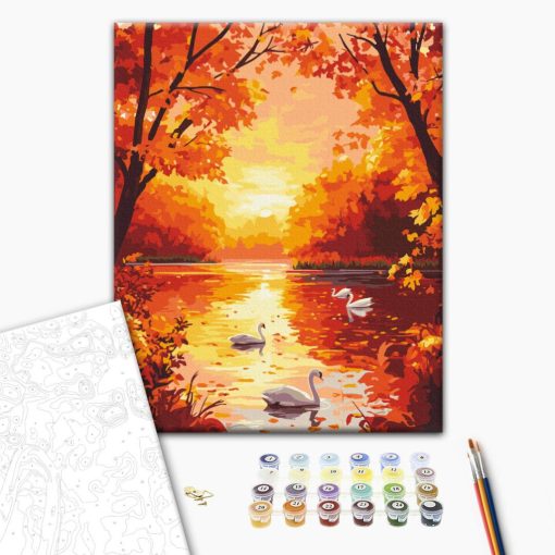 Schwäne im herbstlichen Sonnenuntergang - Malen-nach-Zahlen-Set auf Keilrahmen 40x50