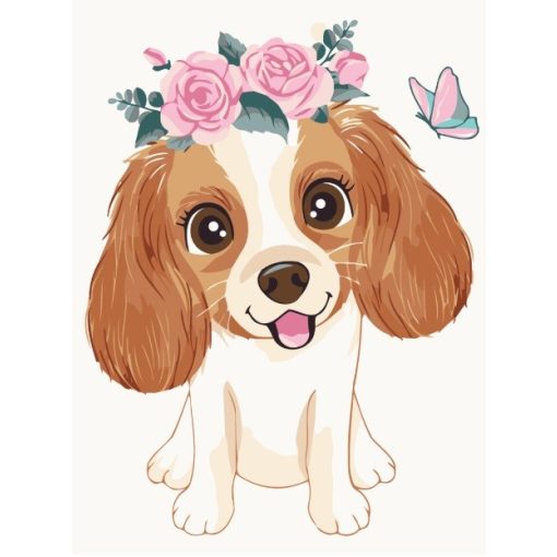 Kis kutyus virágokkal - Számfestő készlet kereten 30x40_